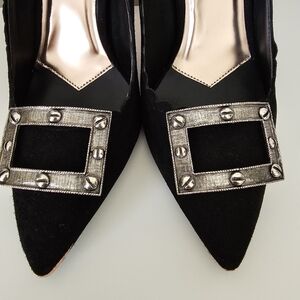 Vintage Signed Musi Shoe Clips Brushed Silver brushed metal screw design